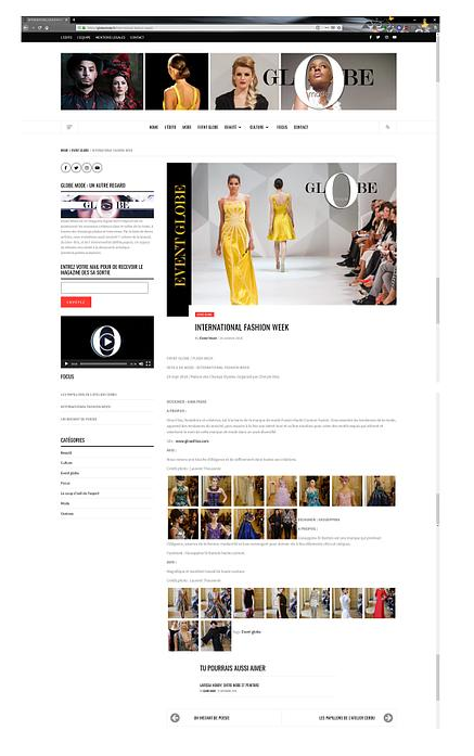 Site web présentant un défilé de mode avec des robes jaunes et des spectateurs.