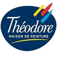 Logo Theodore Maison de Peinture : Écriture blanche sur un ovale bleu foncé ; coups de pinceau multicolores.
