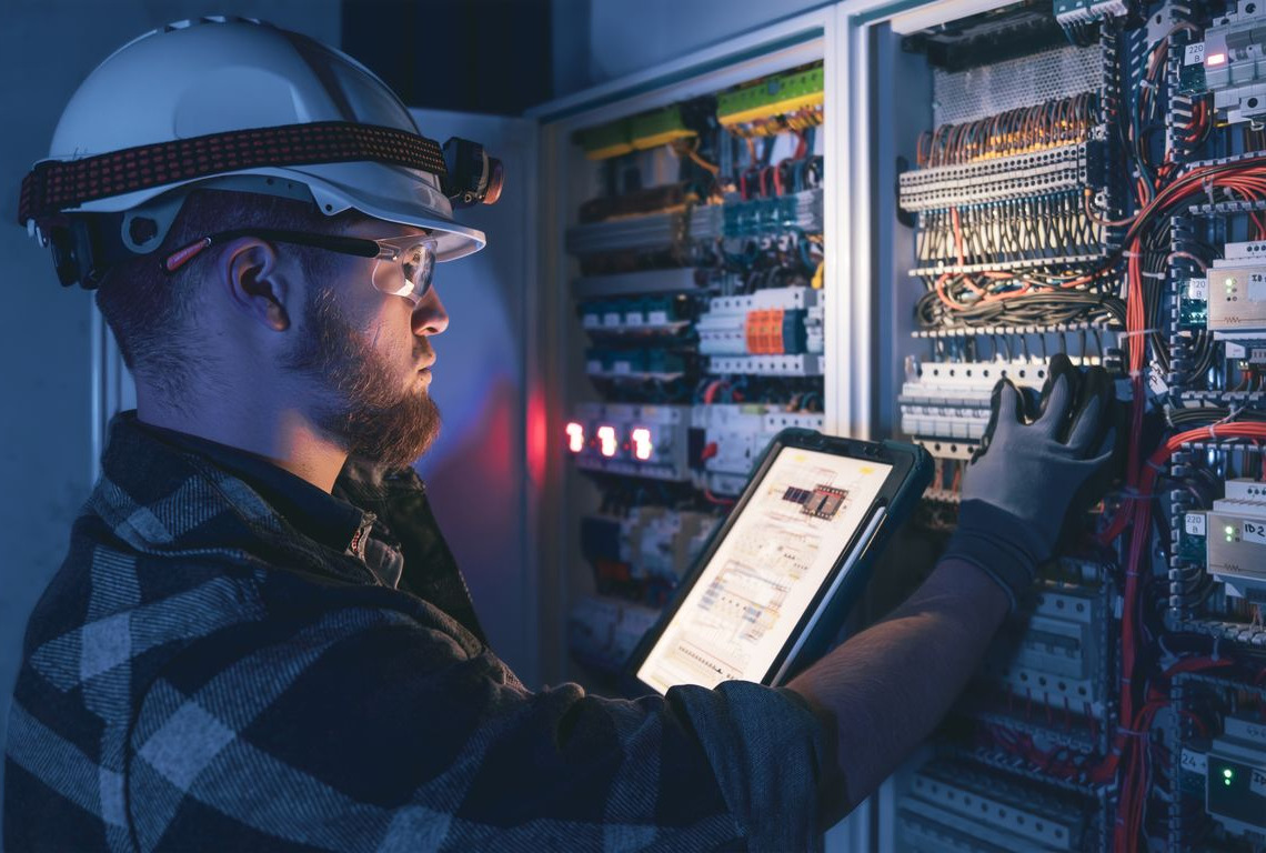 Un électricien, portant un casque et une lampe frontale, utilise une tablette lors de l'inspection d'un tableau électrique industriel complexe.