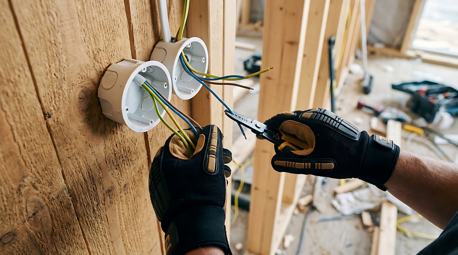 Un électricien ganté utilise une pince pour dénuder des fils électriques près de deux boîtes de jonction murales.