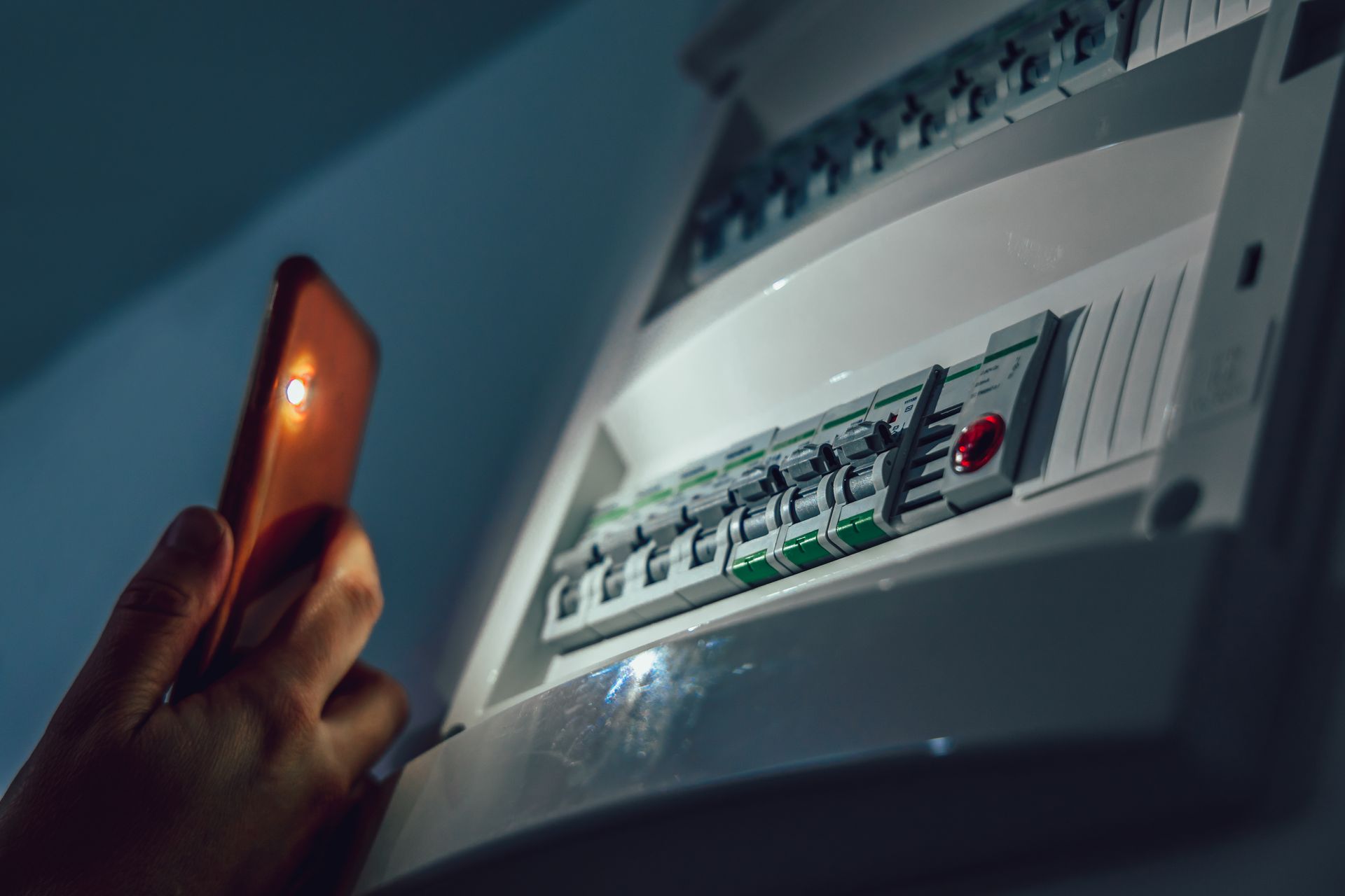 Une main utilise la lampe torche d'un smartphone pour inspecter un tableau électrique résidentiel dans une pièce sombre.