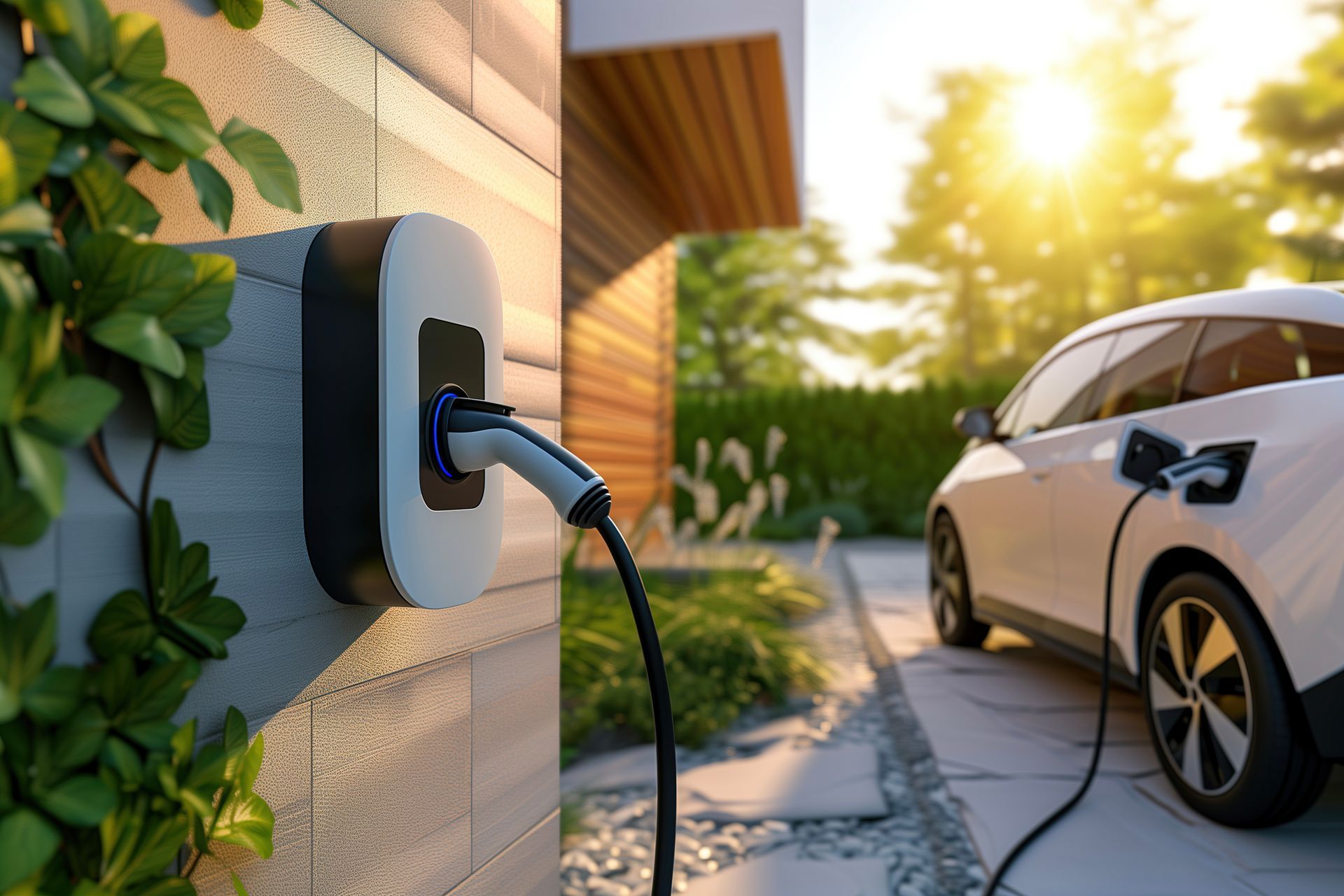 Une voiture électrique blanche garée dans une allée résidentielle, branchée à une borne de recharge murale.