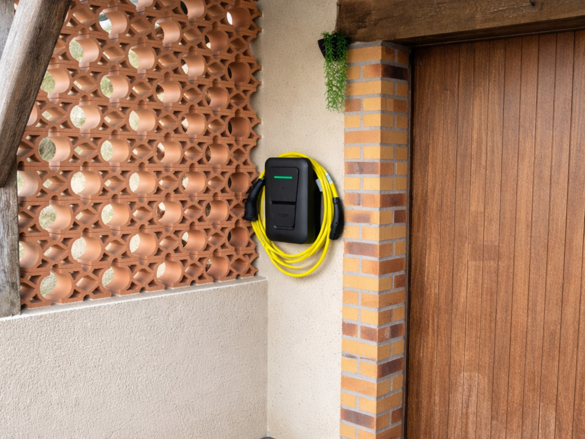Une borne de recharge noire pour véhicules électriques, avec un câble jaune enroulé.