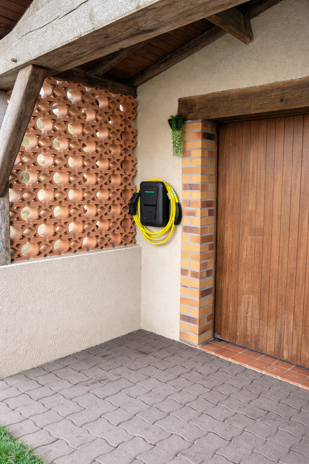 Une borne de recharge pour véhicules électriques avec un câble jaune enroulé, fixée au mur à côté d'une porte de garage en bois.
