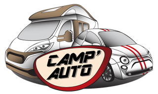 Retour page accueil Camp' Auto : un camping-car et une petite voiture, et un ovale rouge et blanc.