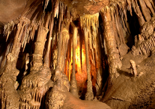 Cave interior with large stalactites and stalagmites with being illuminated by a warm, yellow light.