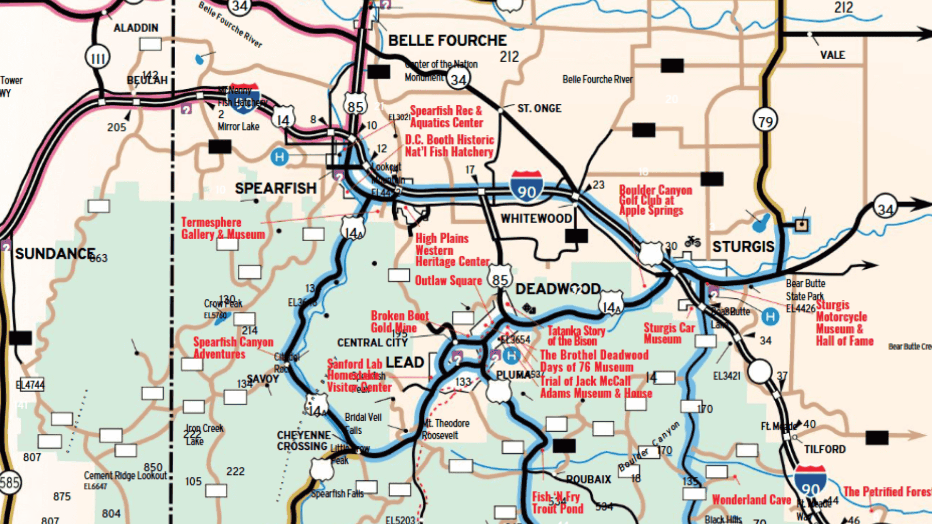 Area map of Deadwood South Dakota and the Surrounding Black Hills Area