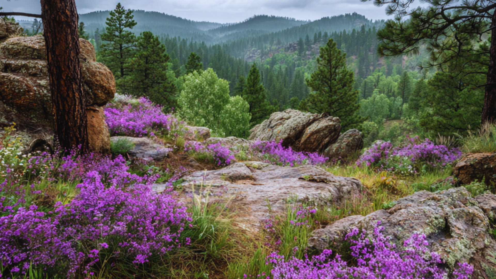 Beautiful view of purple wild flowers, lush green pine trees and tall hills in the background