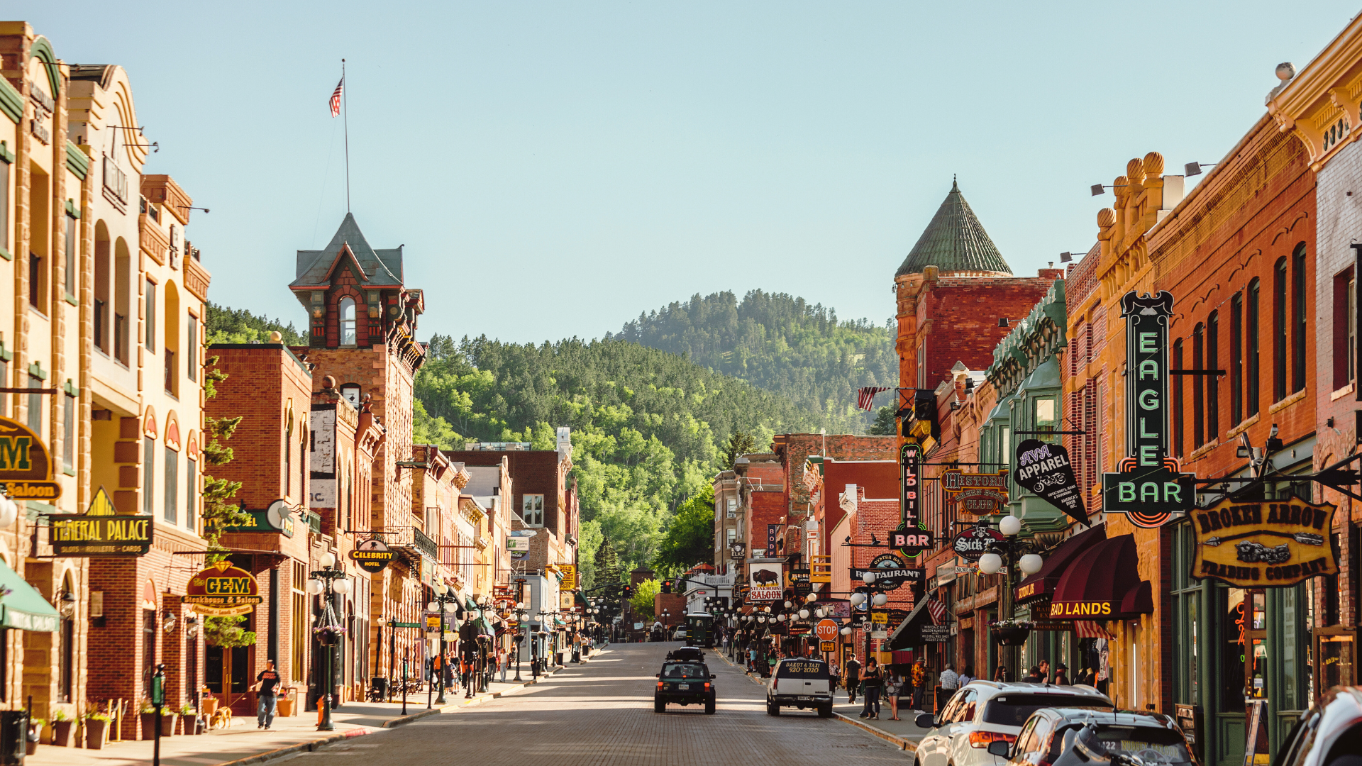 Downtown deadwood with shops, hotels and attractions on a sunny day