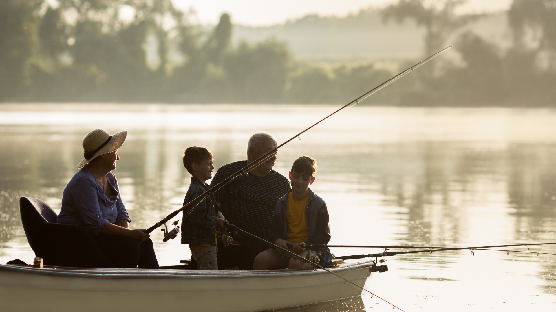 Family on small boat fishing on calm water on a sunny day