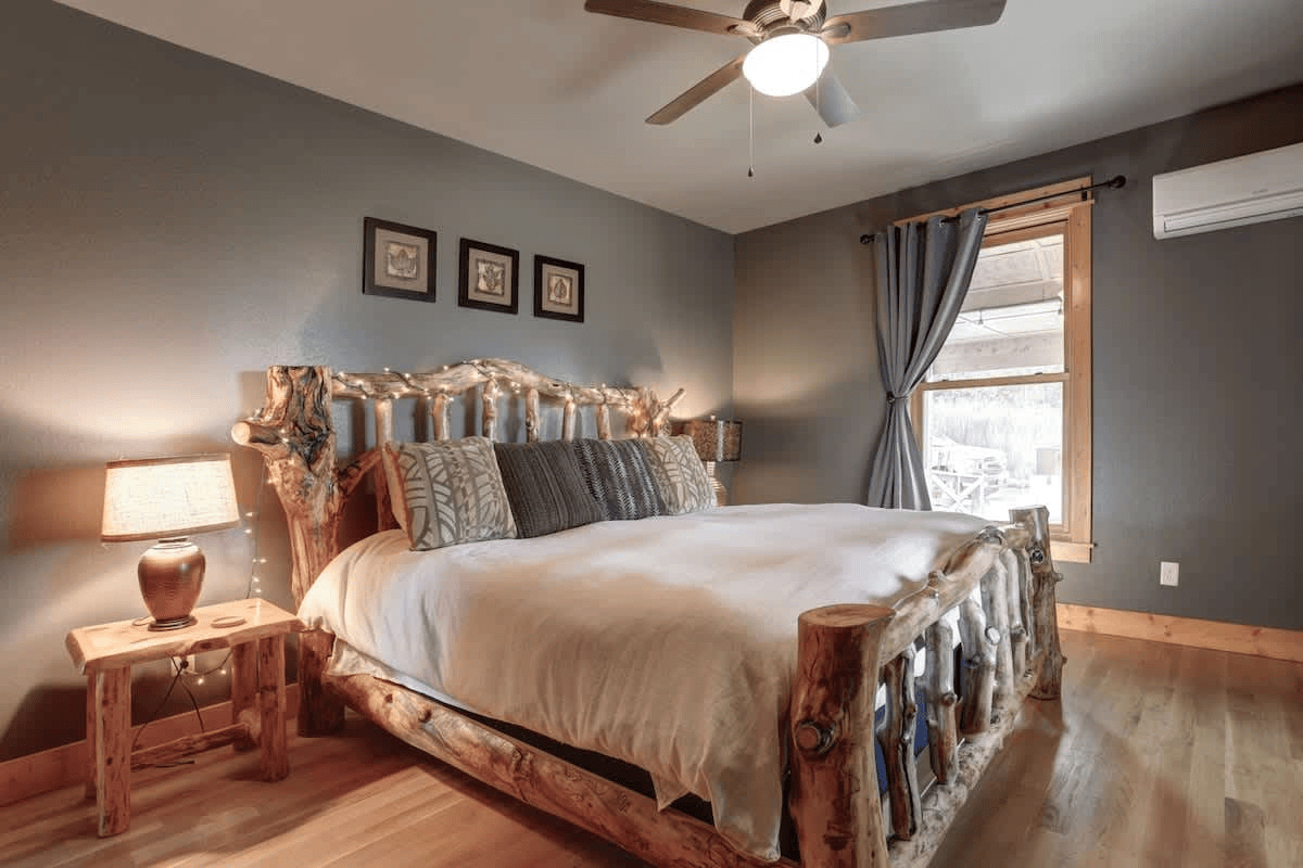 Cozy lodge bedroom at the High Ridge Trail Lodge