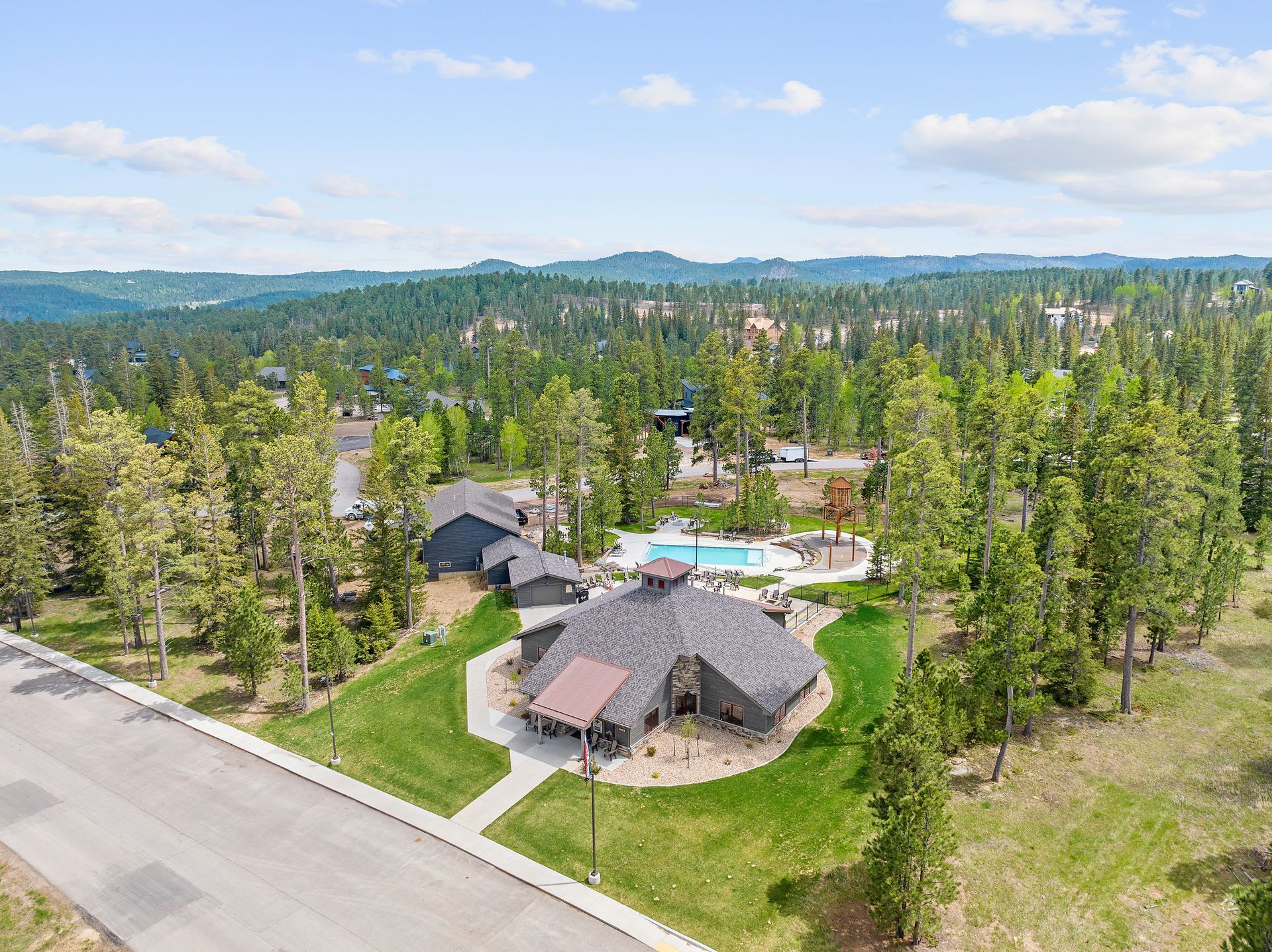 Ariel view of the Powder House Pass clubhouse and pool in SD
