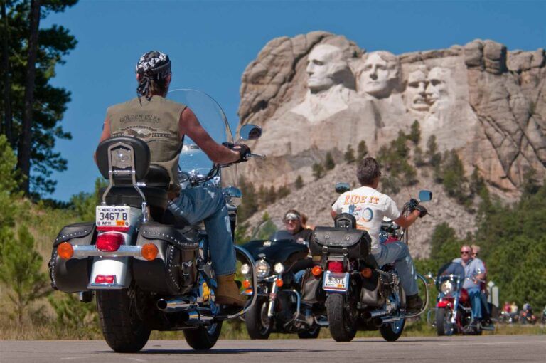 Group of motorcyclists riding in Sturgis SD to Mount Rushmore