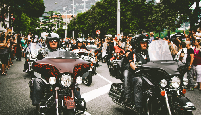 Large group of people on motorcycles and surrounding area in a Motorcycle rally 