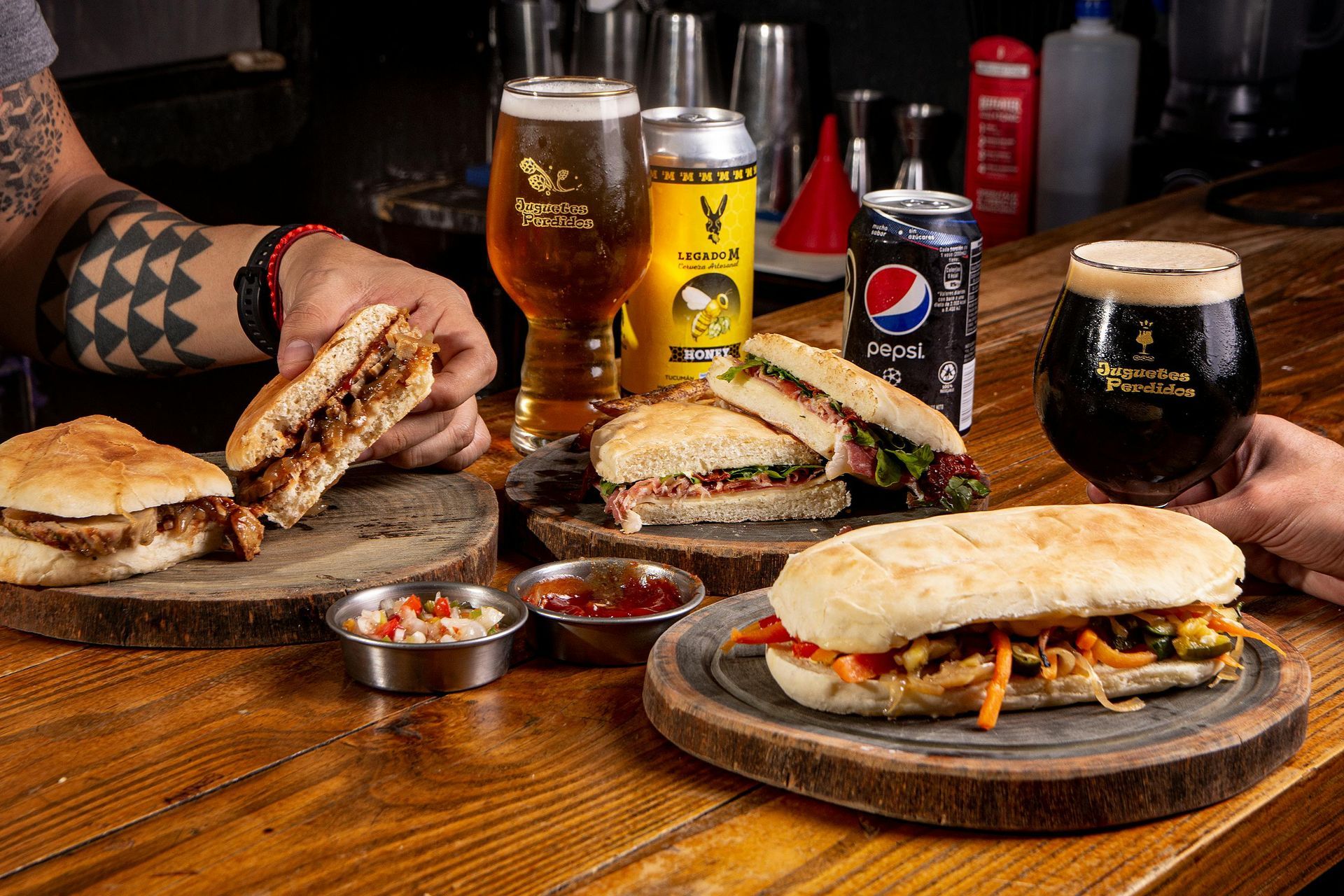 Dining with sandwiches and drinks in a restaurant 