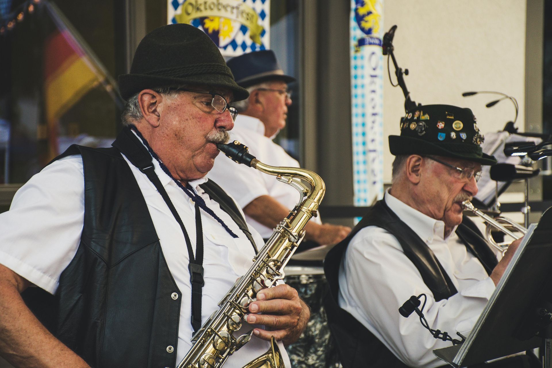 Musicians playing festive music during Oktoberfest