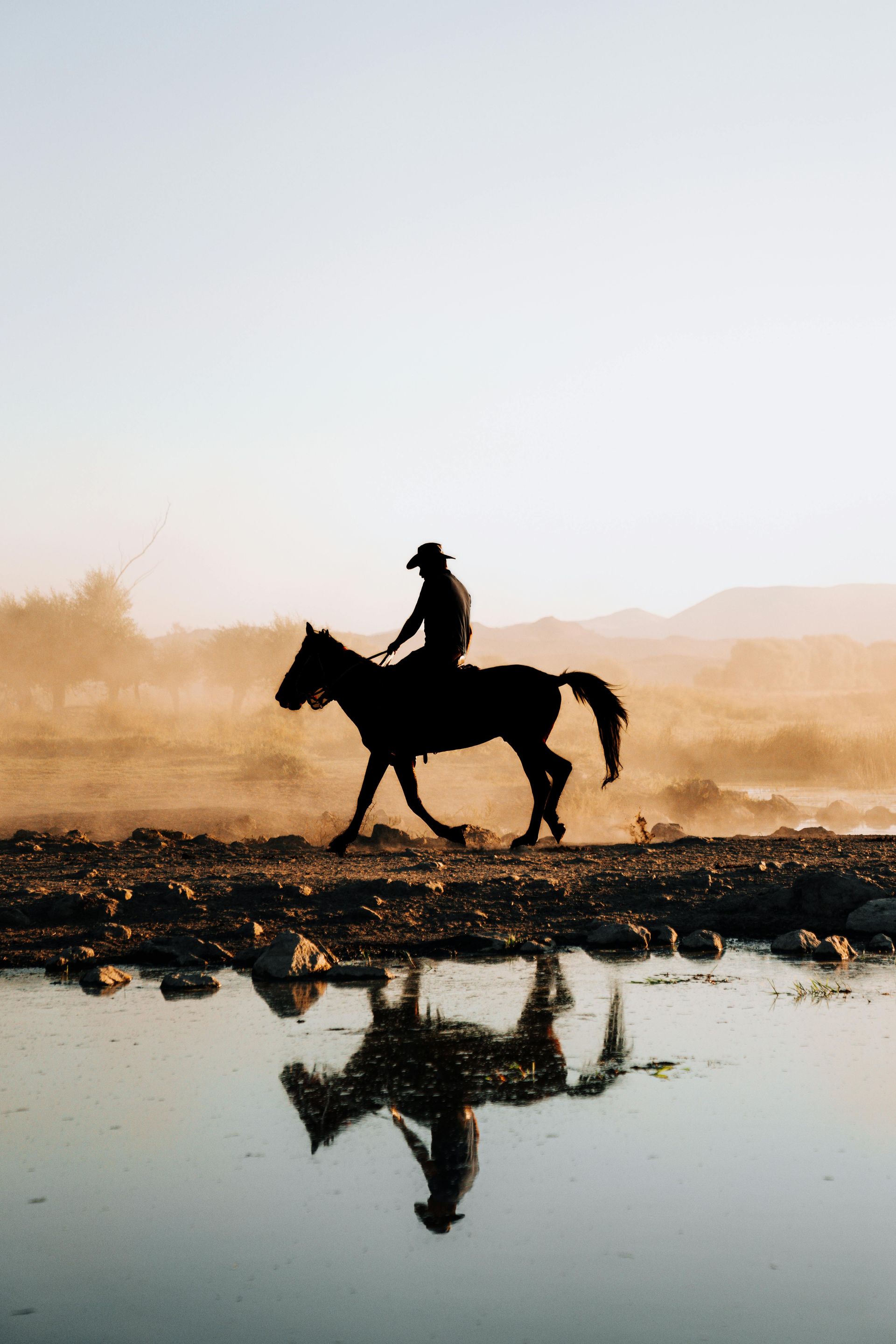 Cowboy riding a horse on the open desert in front of a lake