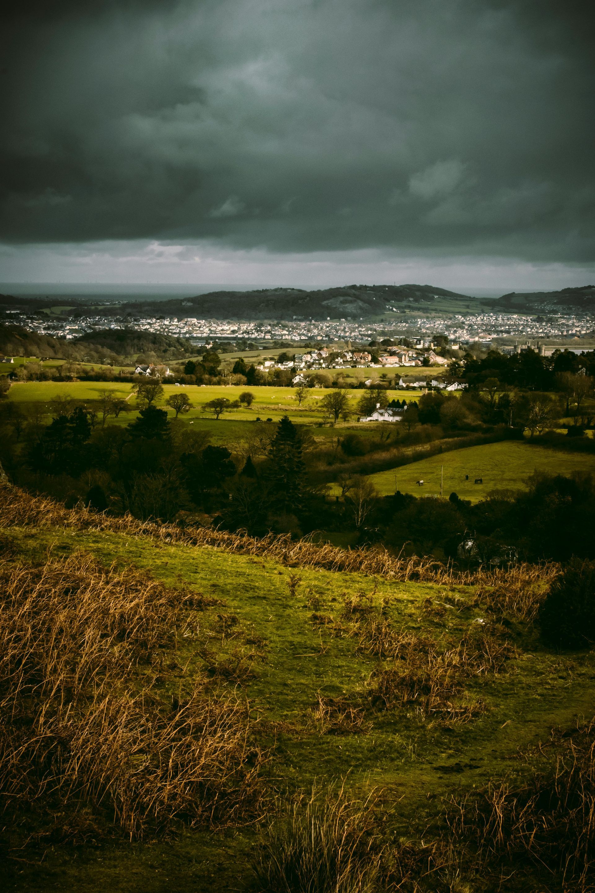View of a tight-knit community from the hills in the distance