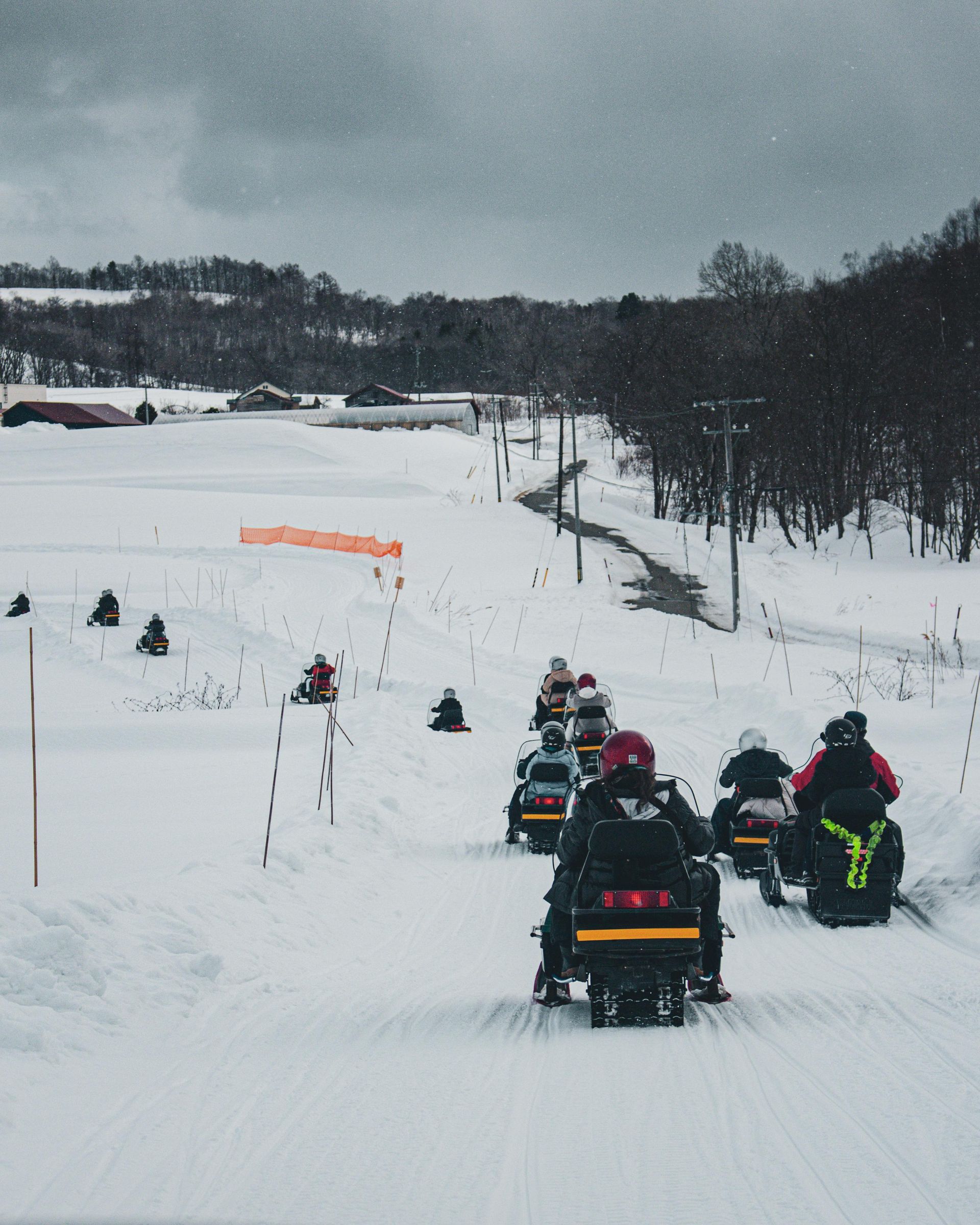 Group of people snowmobiling together throughout designating trails
