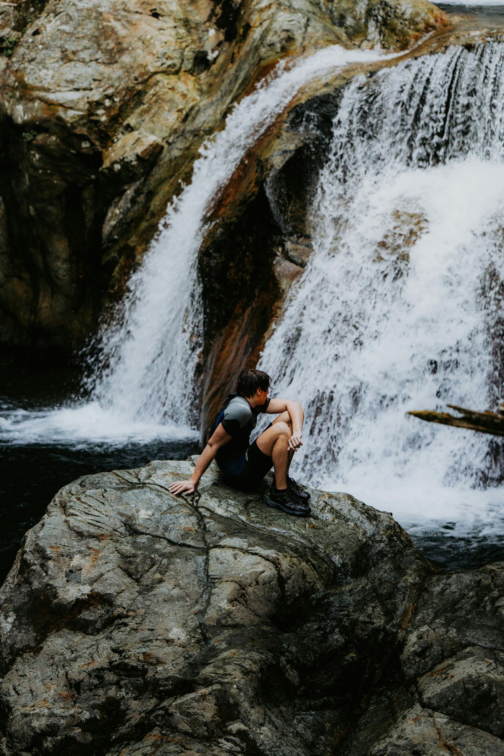 Overhead view of a winding mountain road in the midwest on a cloudy day