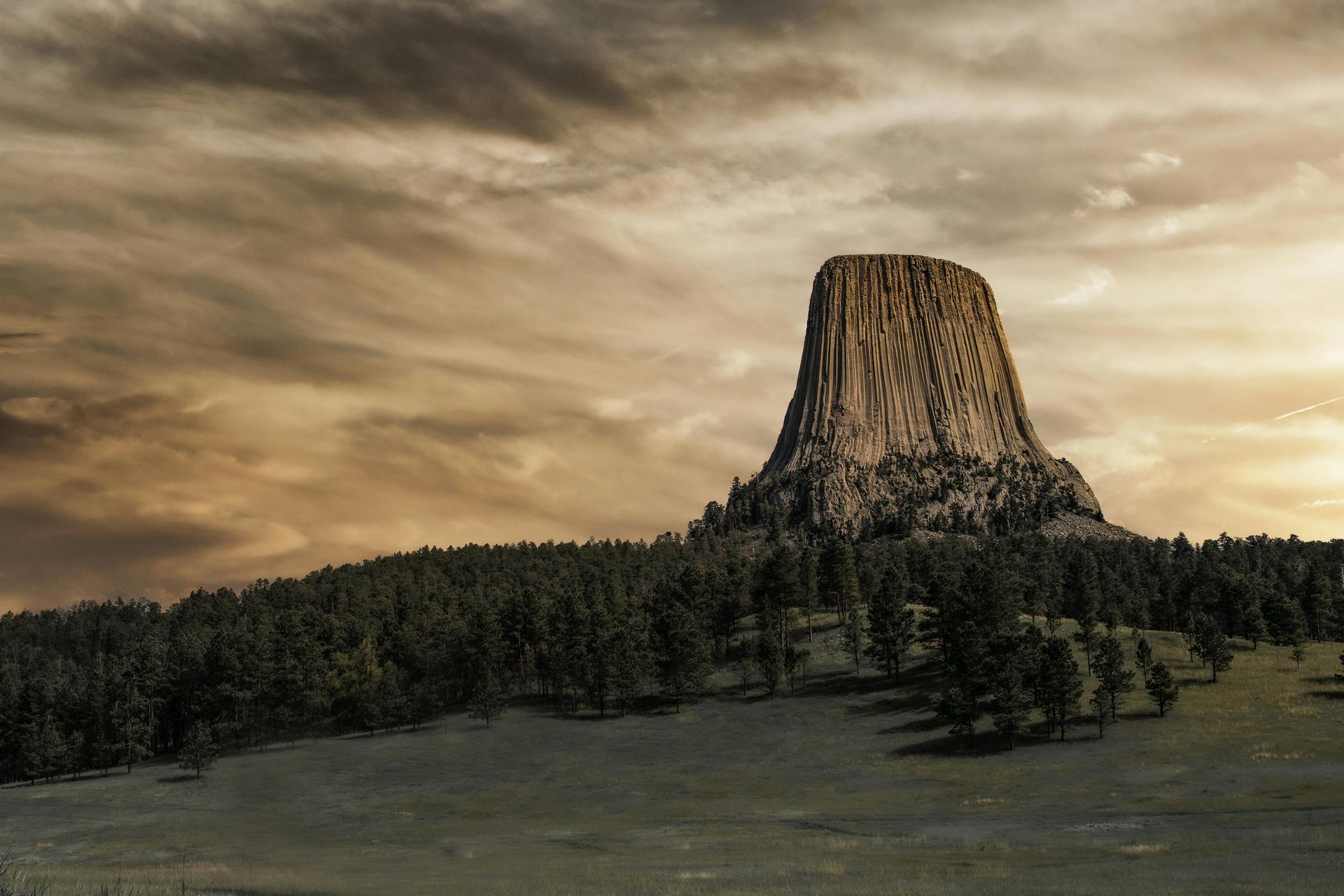 Devils Tower in South Dakota during the sunset