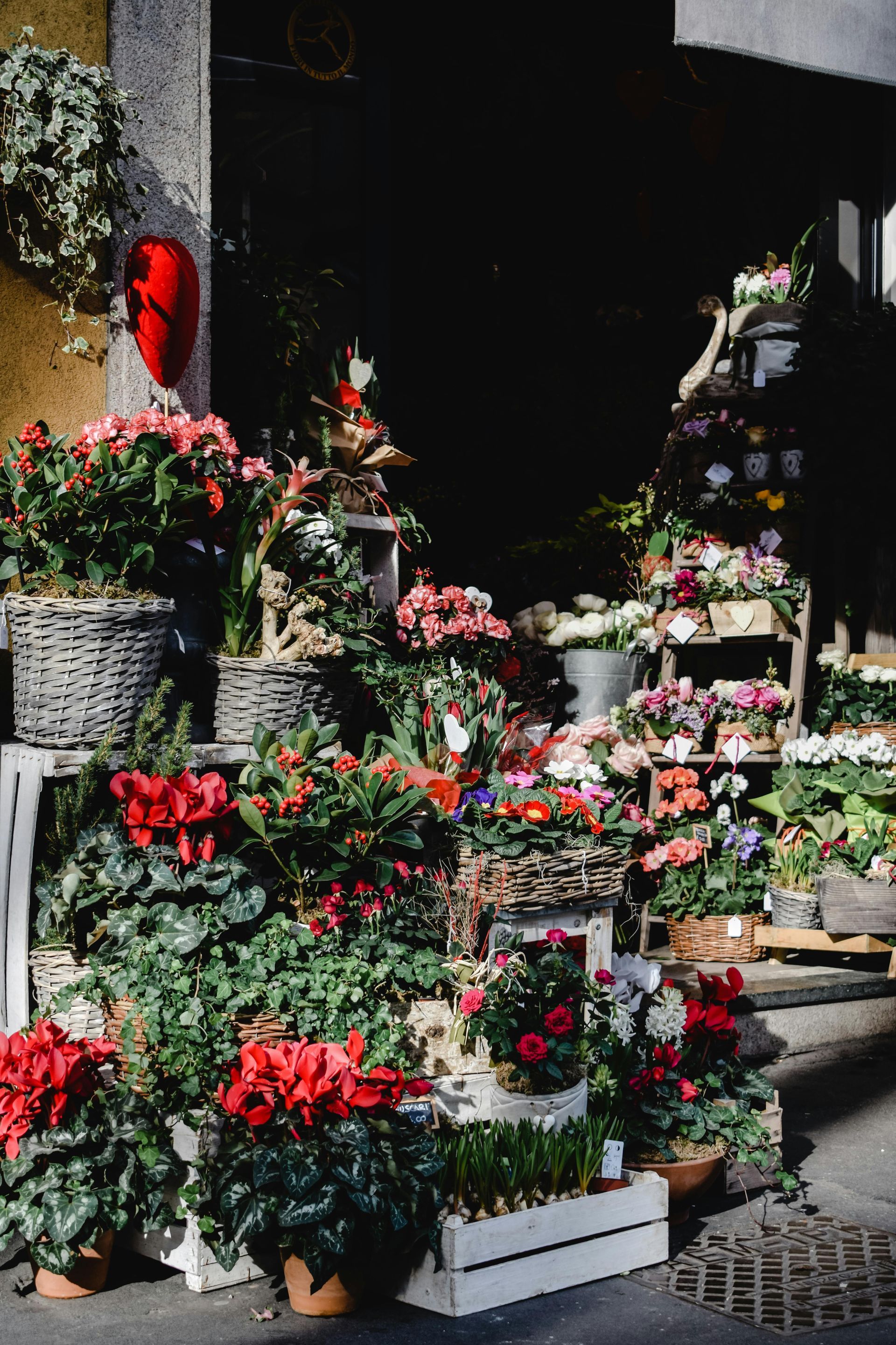 Outdoor marketplace with flowers on display for patrons to peruse