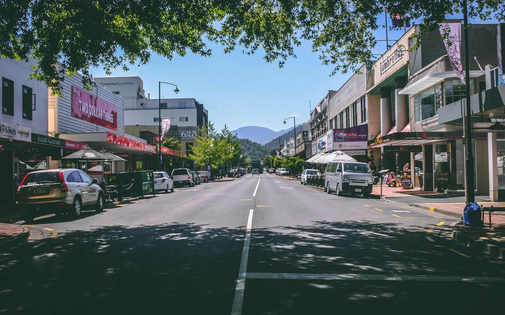 Main street of a mountain town with less traffic