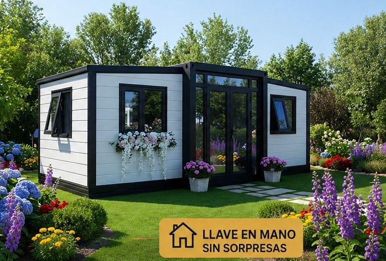 Minicasa moderna en blanco y negro en un jardín exuberante con flores y árboles; el letrero dice “LLAVE EN MANO SIN SORPRESAS”.