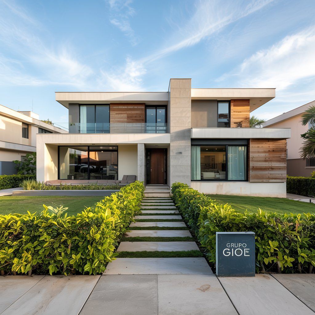 Una casa moderna con un cartel que dice 