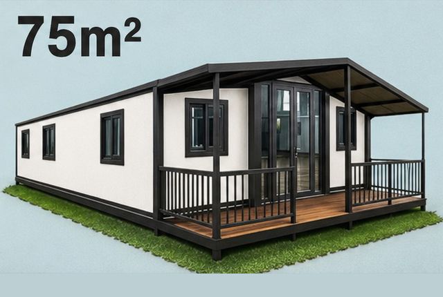 Casa modular moderna de 75 m² con detalles en negro, paredes blancas y un pequeño porche.