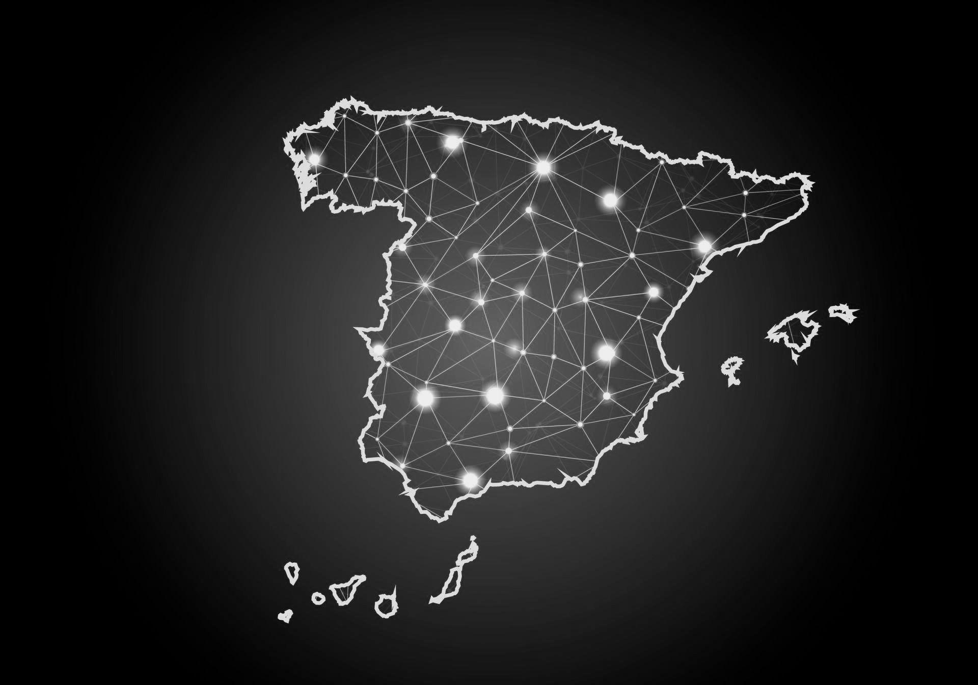 Un mapa de España con líneas y puntos sobre fondo negro.