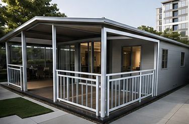 Casa modular moderna de color blanco con porche cubierto y barandilla en un terreno ajardinado.