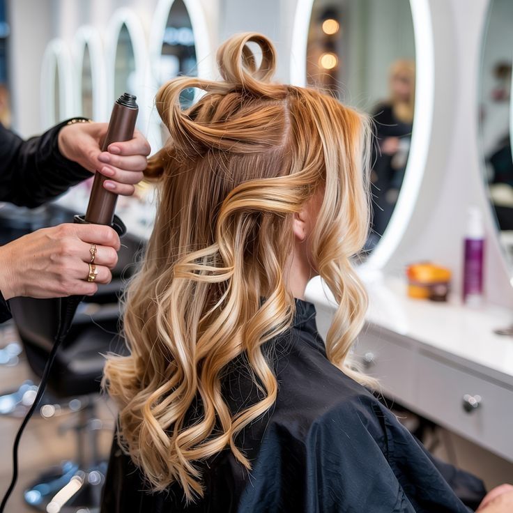 Una mano humana utiliza un peine blanco para alisar y recoger una larga melena rubia en una coleta sobre un fondo liso.