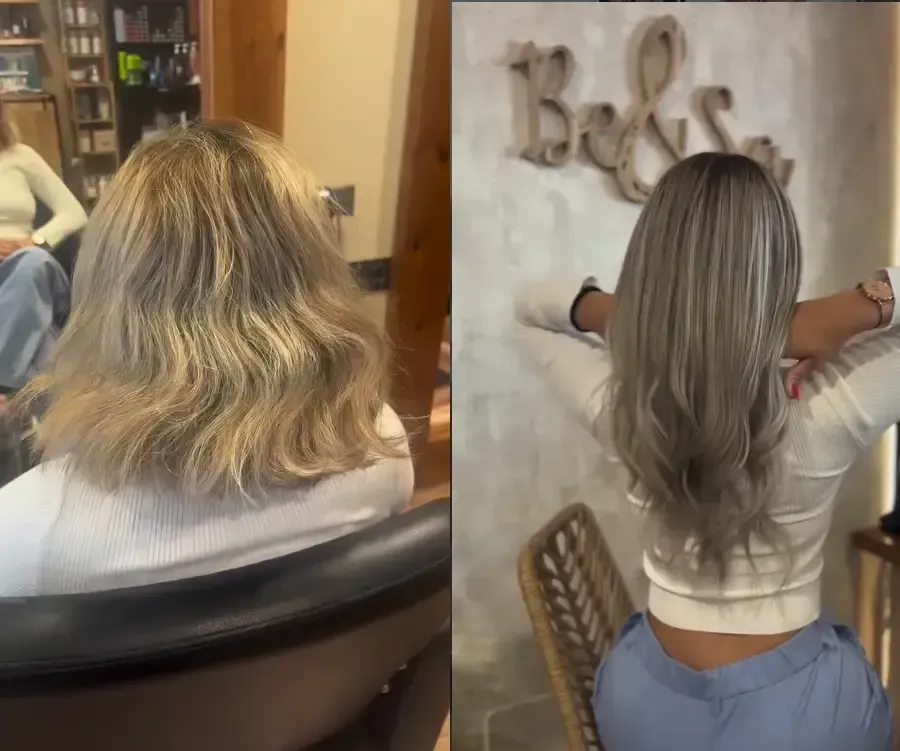 Comparación del antes y el después de la transformación del cabello, que muestra un aumento de longitud y un cambio hacia un tono rubio ceniza más frío.