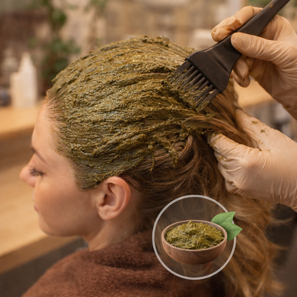 Una estilista con guantes aplica una mascarilla de henna verde a base de hierbas en el cabello de una persona, con un pequeño recipiente con la mezcla en la imagen.