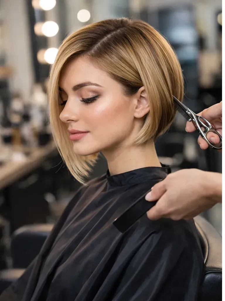 Un estilista recorta el cabello corto, rubio y ondulado de una persona en un salón de belleza.