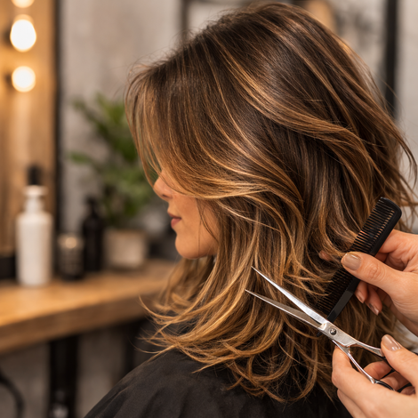 En un salón de belleza, un estilista utiliza tijeras de entresacar y un peine para recortar el cabello castaño con mechas.