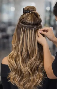Las manos de una estilista aplicando extensiones de cabello individuales con microanillas al cabello castaño ondulado y con mechas de una clienta.