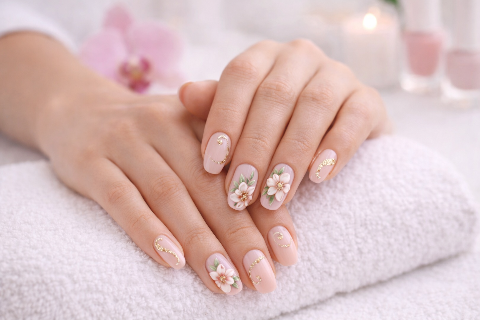 Una persona vista de espaldas, con un elaborado peinado recogido bajo adornado con un accesorio floral blanco para el cabello.