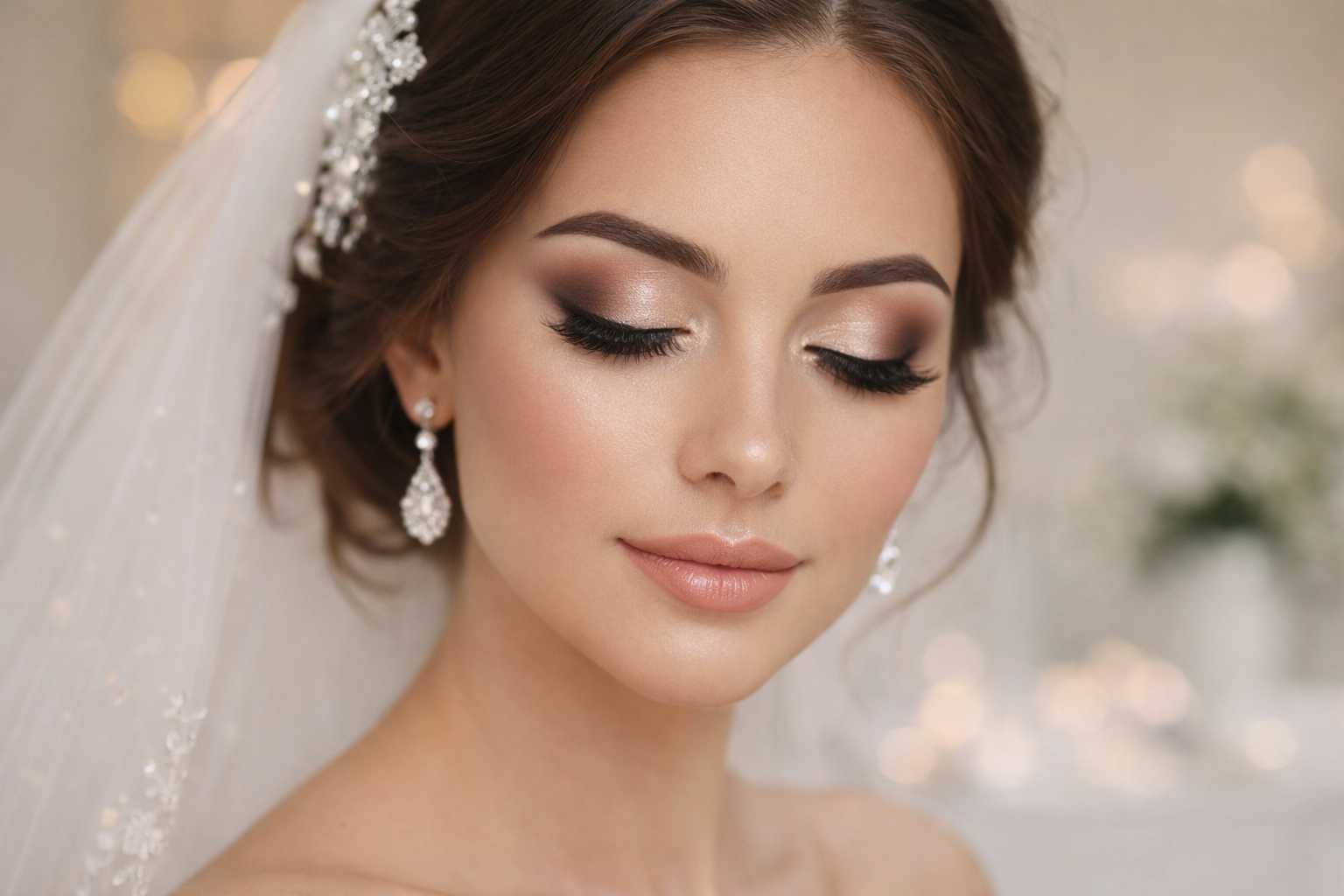 Una persona vista de espaldas, con un elaborado peinado recogido bajo adornado con un accesorio floral blanco para el cabello.