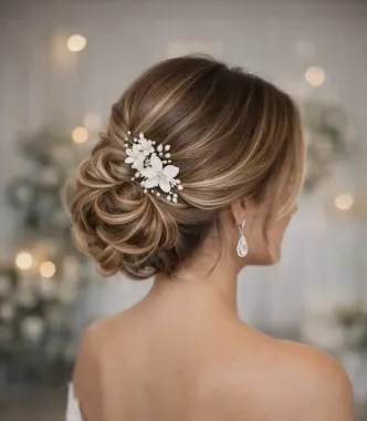 Una persona vista de espaldas, con un elaborado peinado recogido bajo adornado con un accesorio floral blanco para el cabello.