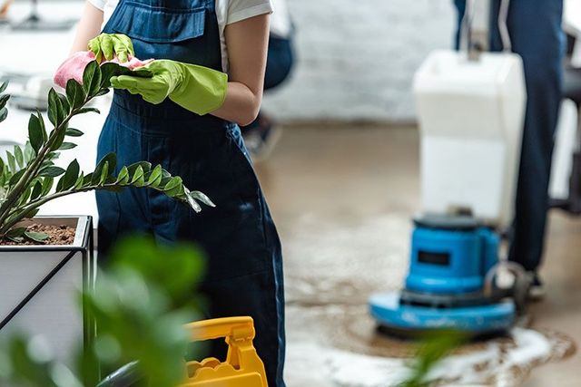 Eine Frau mit grünen Handschuhen reinigt eine Fabrik in einem Büro.