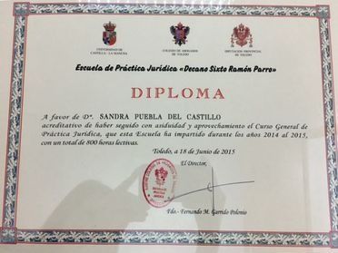 Diploma for Sandra Puebla del Castillo from the Escuela de Práctica Jurídica, Toledo, Spain.