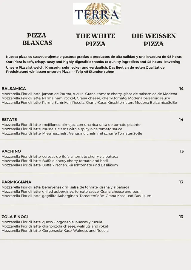 Un menú de un restaurante llamado Terra muestra una variedad de pizzas.