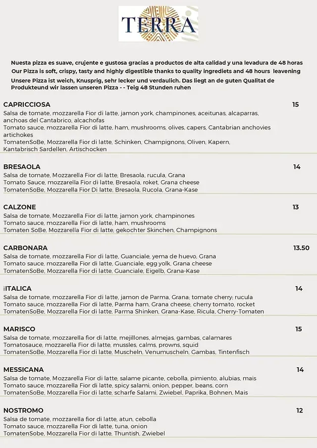 Un menú para un restaurante llamado Terra con mucha comida.