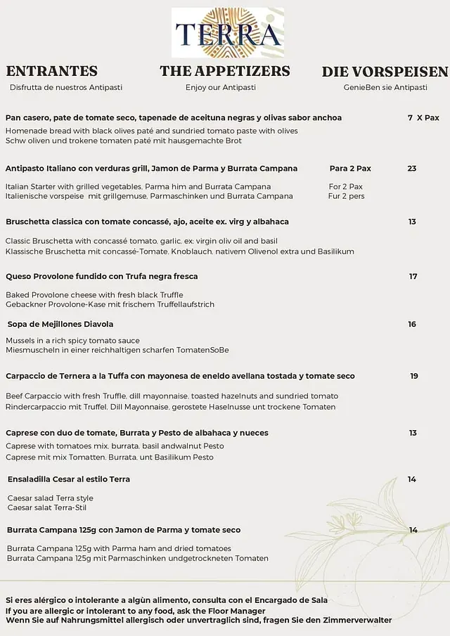 Un menú para un restaurante llamado Terra, los aperitivos.