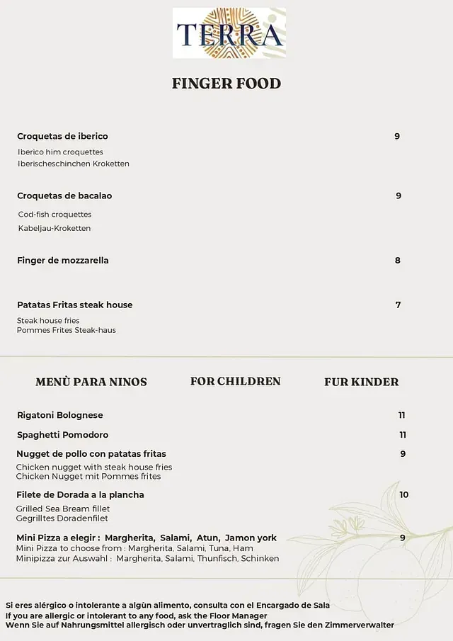 Un menú para un restaurante llamado Terra Finger Food.