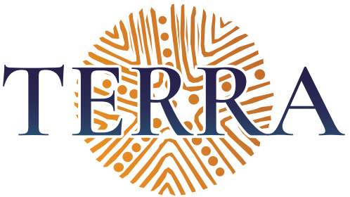 Un logotipo azul y naranja para Terra con un círculo en el medio.