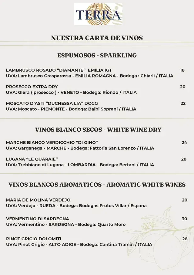 Un menú de un restaurante muestra una variedad de vinos.