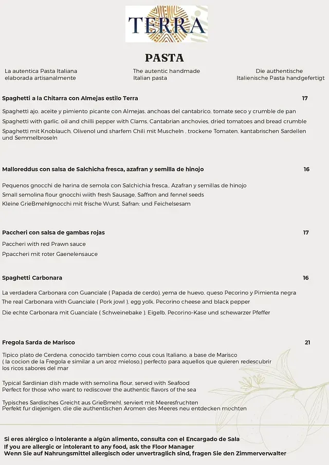 Un menú para un restaurante llamado terra pasta.